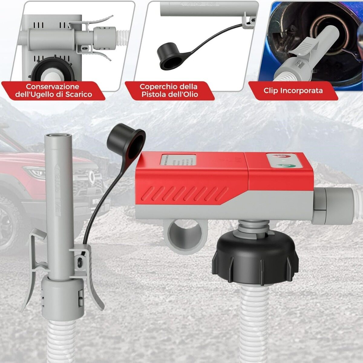 Kütusepump automaatse seiskamisega, USB/akutoitega bensiinipump ja kiire vooluga 14 l/min punane ja valge