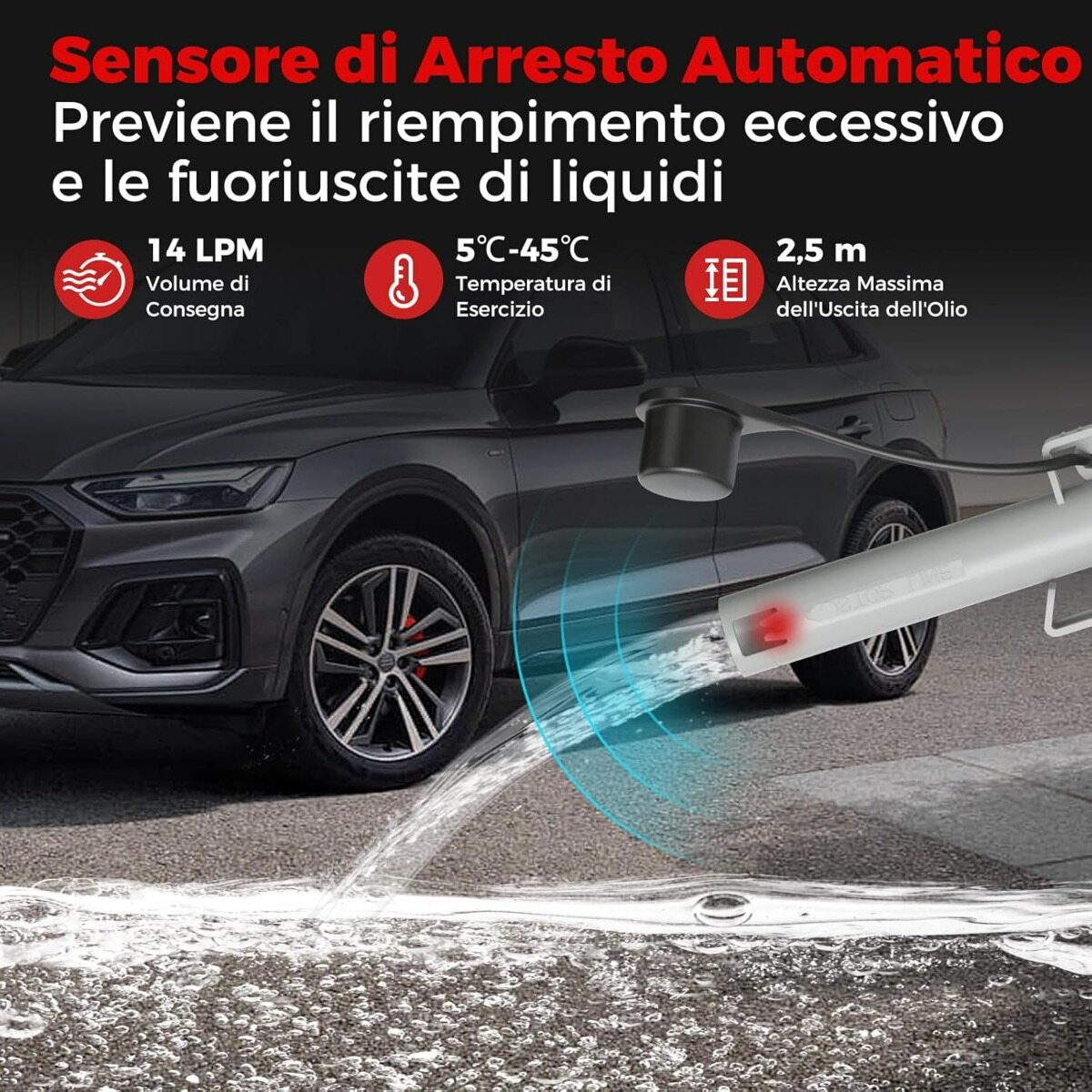 Kütusepump automaatse seiskamisega, USB/akutoitega bensiinipump ja kiire vooluga 14 l/min punane ja valge