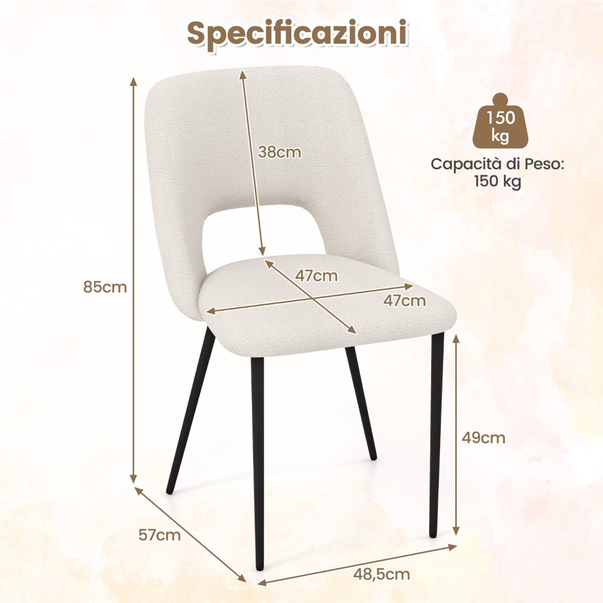 Söögitoa tooli komplekt (2 tk), polsterdatud köögitoolid seljatoega, 48,5 x 57 x 85 cm, beež