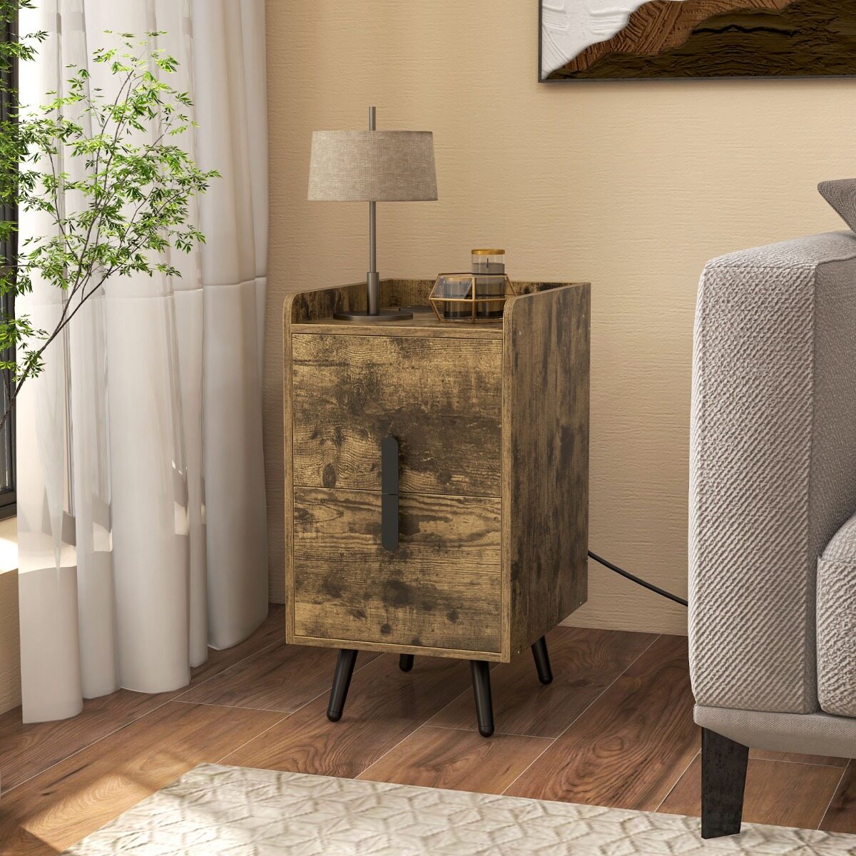 Öökapp laadimisjaamaga, kitsas öökapp 2 sahtli ja USB-portidega, 40 x 32 x 60 cm, maalähedane pruun