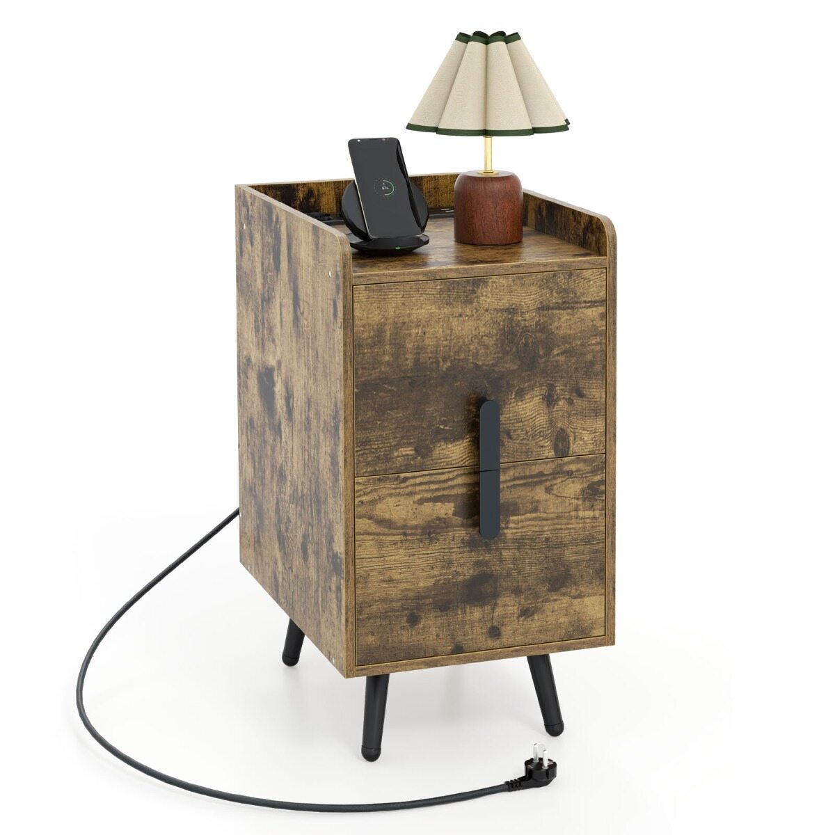 Öökapp laadimisjaamaga, kitsas öökapp 2 sahtli ja USB-portidega, 40 x 32 x 60 cm, maalähedane pruun
