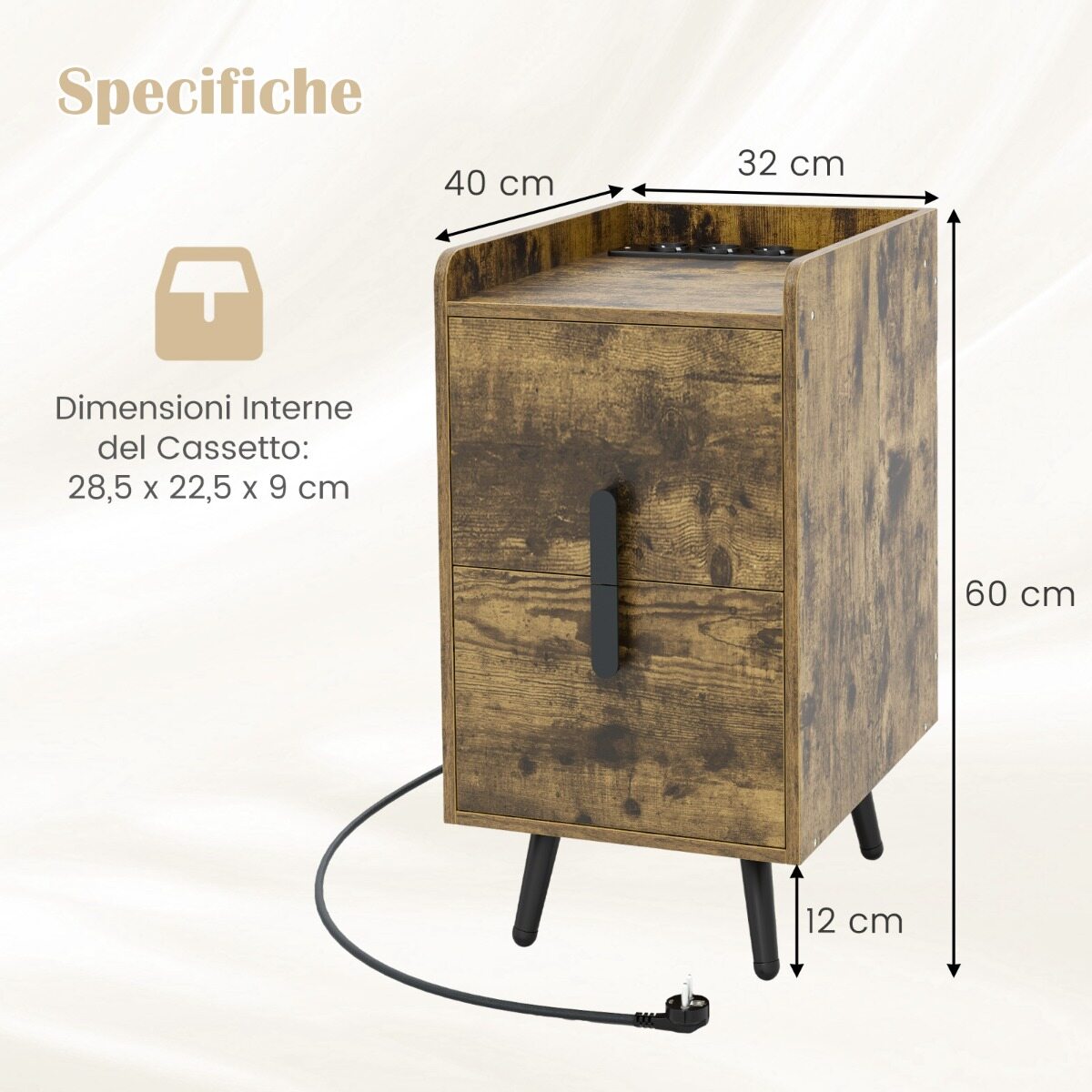 Öökapp laadimisjaamaga, kitsas öökapp 2 sahtli ja USB-portidega, 40 x 32 x 60 cm, maalähedane pruun