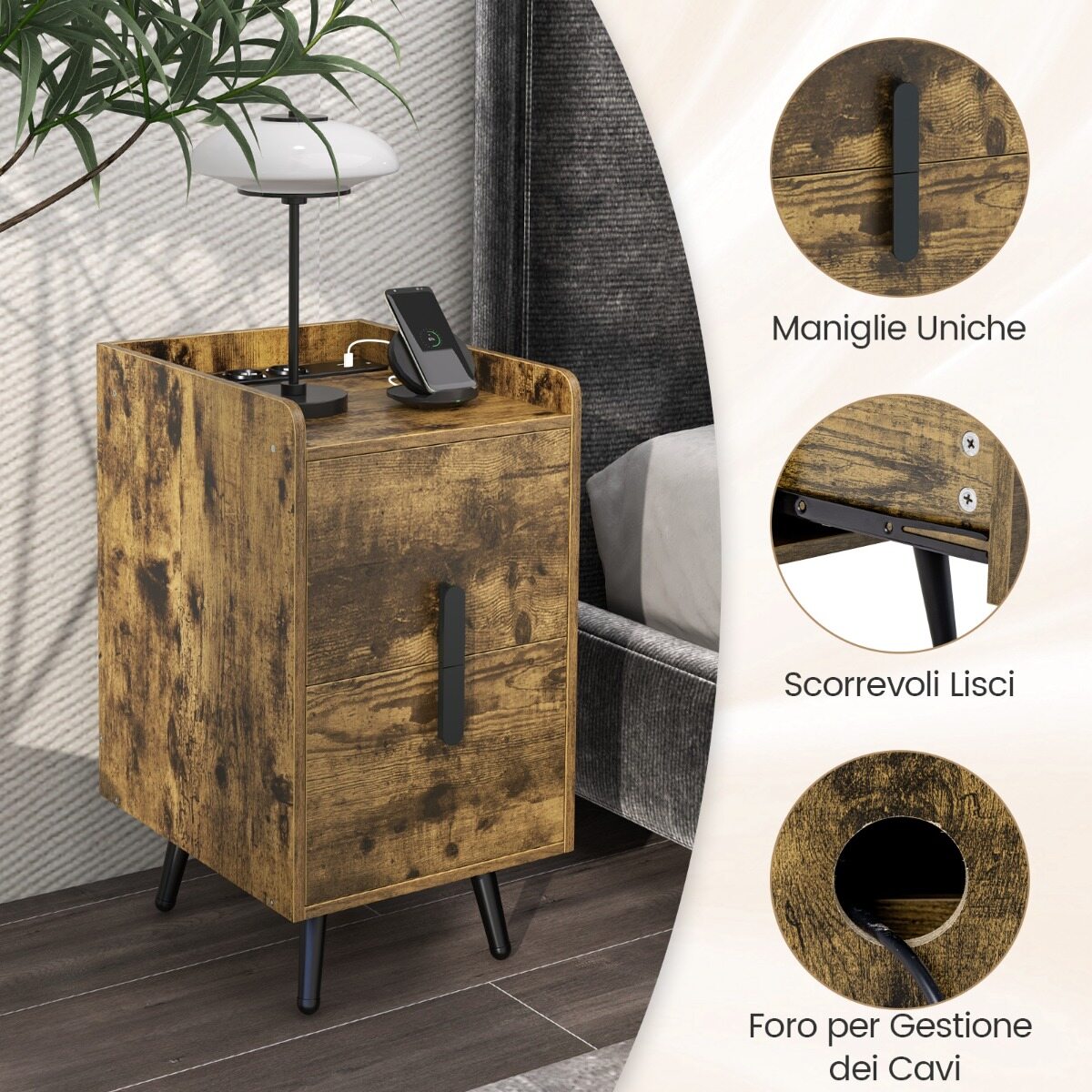 Öökapp laadimisjaamaga, kitsas öökapp 2 sahtli ja USB-portidega, 40 x 32 x 60 cm, maalähedane pruun