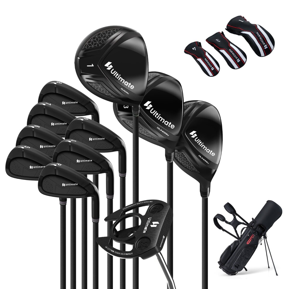 Meeste golfikeppide komplekt kaasaskantava golfikoti ja alusega, putteri ja vihmakattega