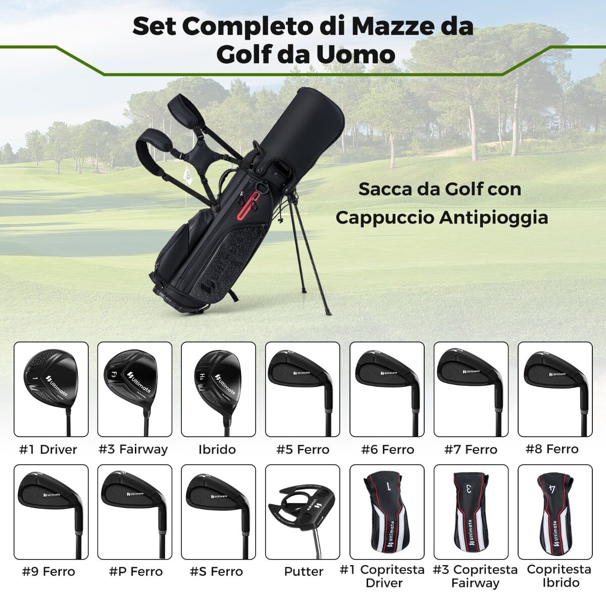Meeste golfikeppide komplekt kaasaskantava golfikoti ja alusega, putteri ja vihmakattega