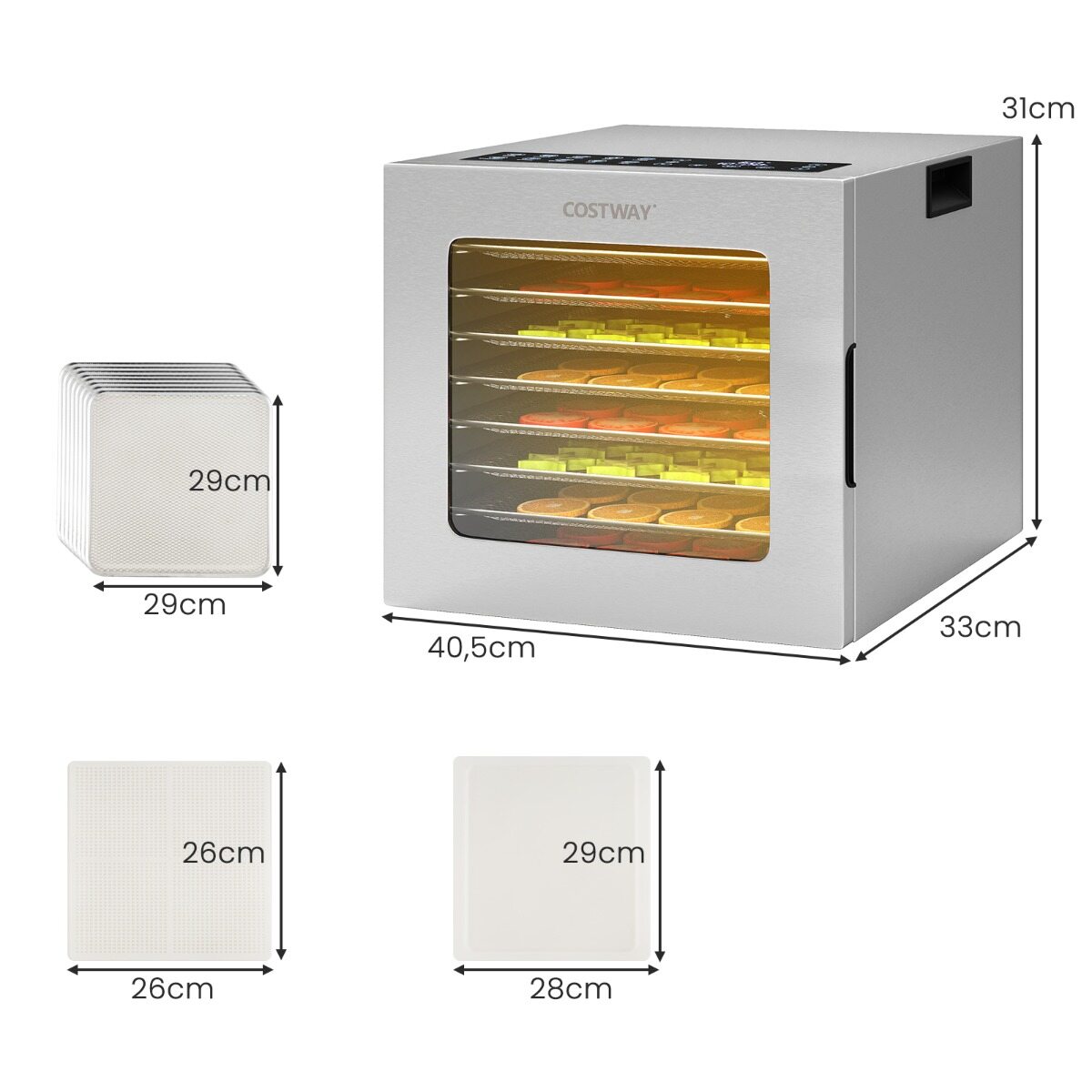 850 W puuviljakuivati ​​48-tunnise taimeriga, temperatuuri reguleerimine 35–75 °C liha jaoks, hõbedane