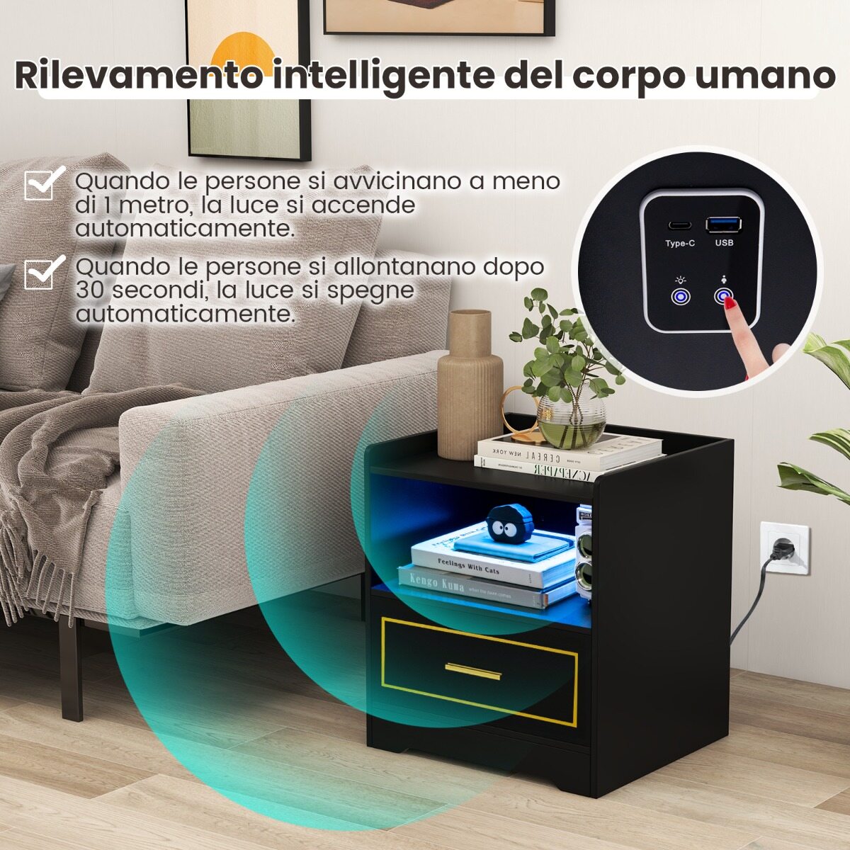 Öökapp LED-valgustiga USB-port ja C-tüüpi laadimisjaam Öökapp liikumisanduriga must