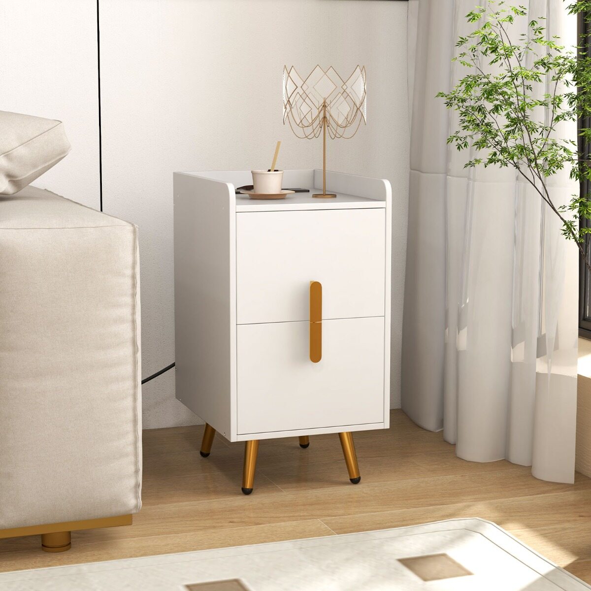 Öökapp laadimisjaamaga, kitsas öökapp 2 sahtli ja USB-portidega, 40 x 32 x 60 cm, valge