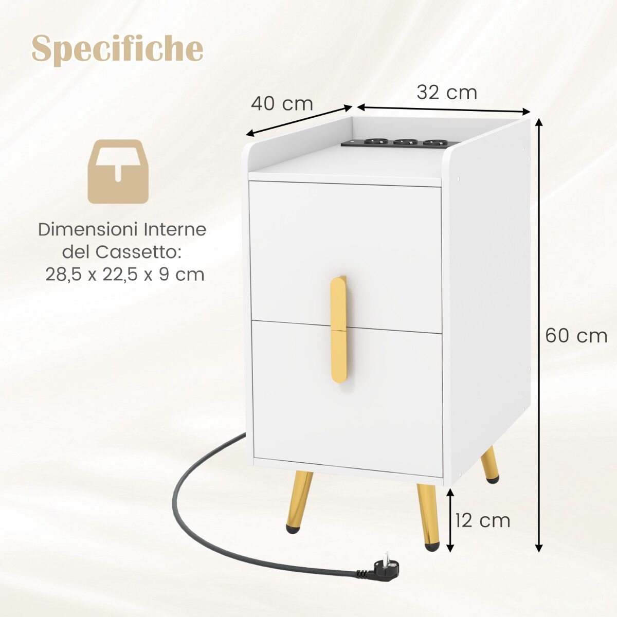 Öökapp laadimisjaamaga, kitsas öökapp 2 sahtli ja USB-portidega, 40 x 32 x 60 cm, valge