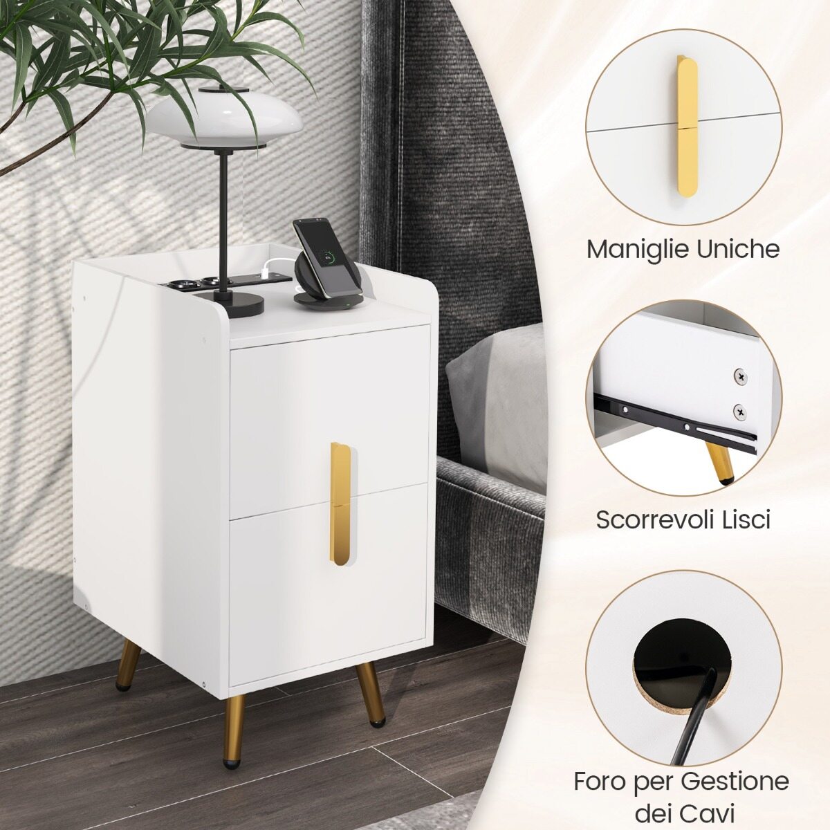 Öökapp laadimisjaamaga, kitsas öökapp 2 sahtli ja USB-portidega, 40 x 32 x 60 cm, valge