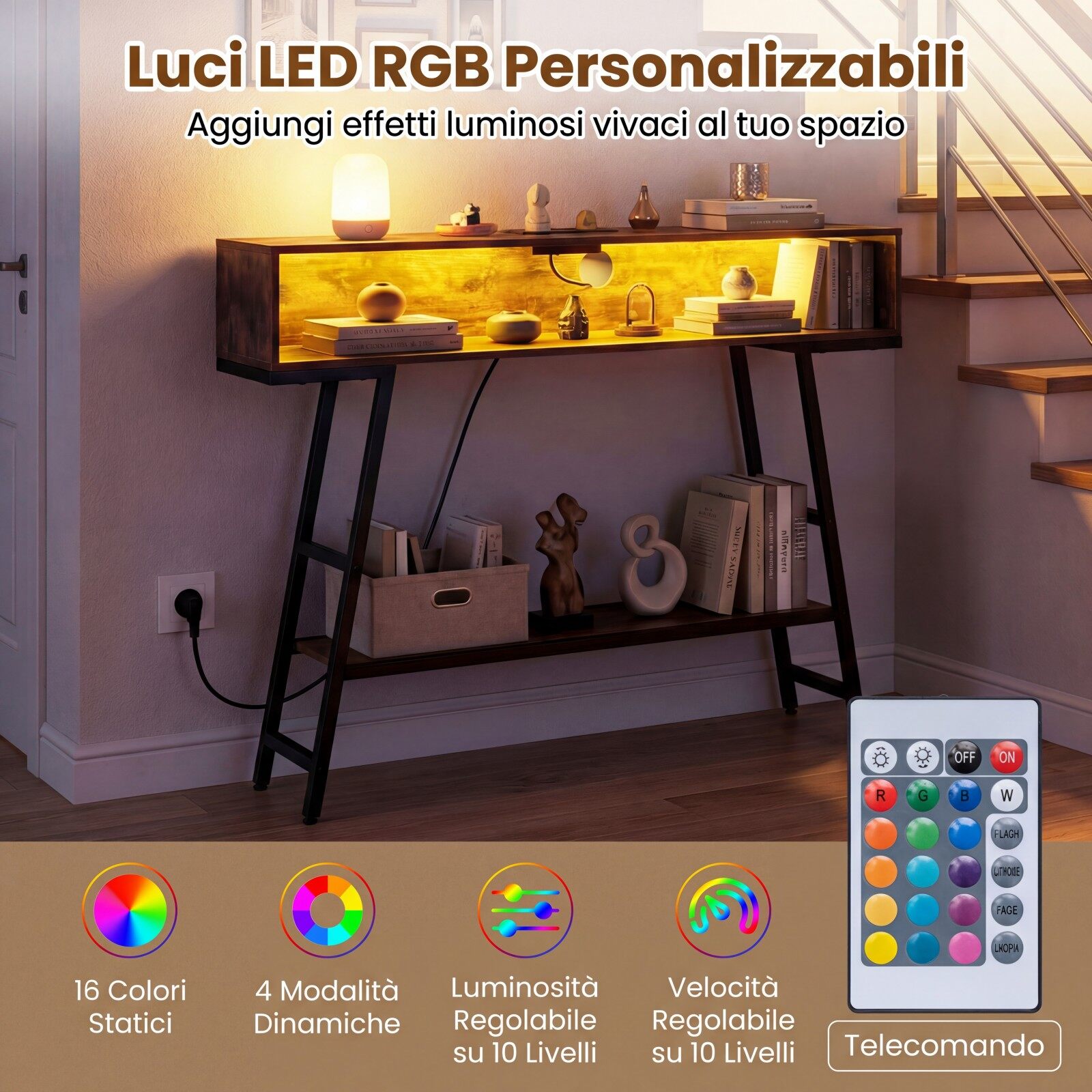 Konsoollaud LED-valgusti ja 3-korruselise laadimisjaamaga, panipaigaga, esikusse, elutuppa, esikulaud, 100x20x86,5cm, pruun