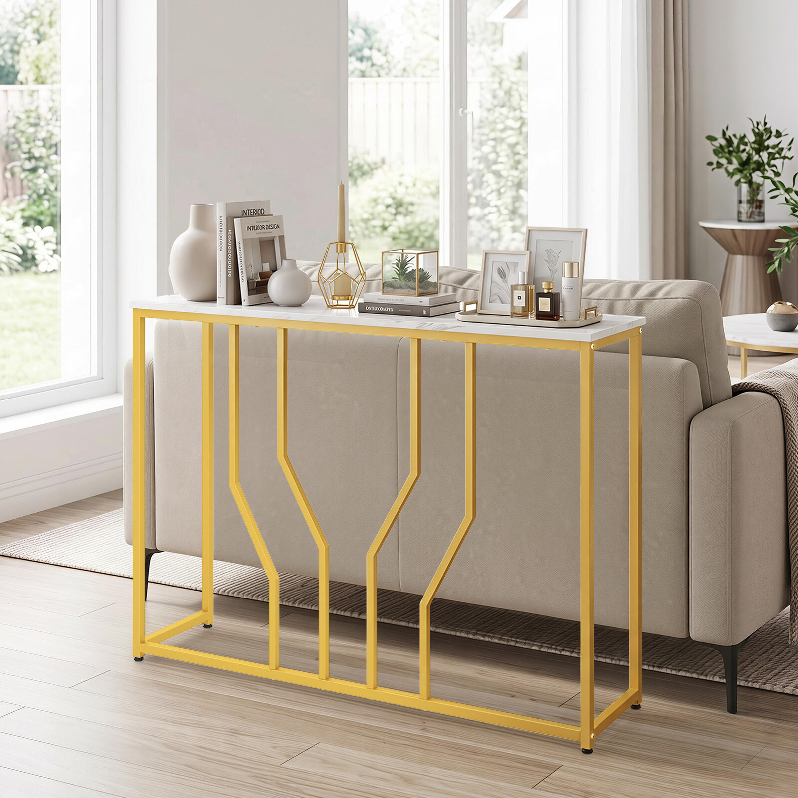 Space-saving and modern marble-effect entrance console table with steel frame, narrow console table for living room hallway, white