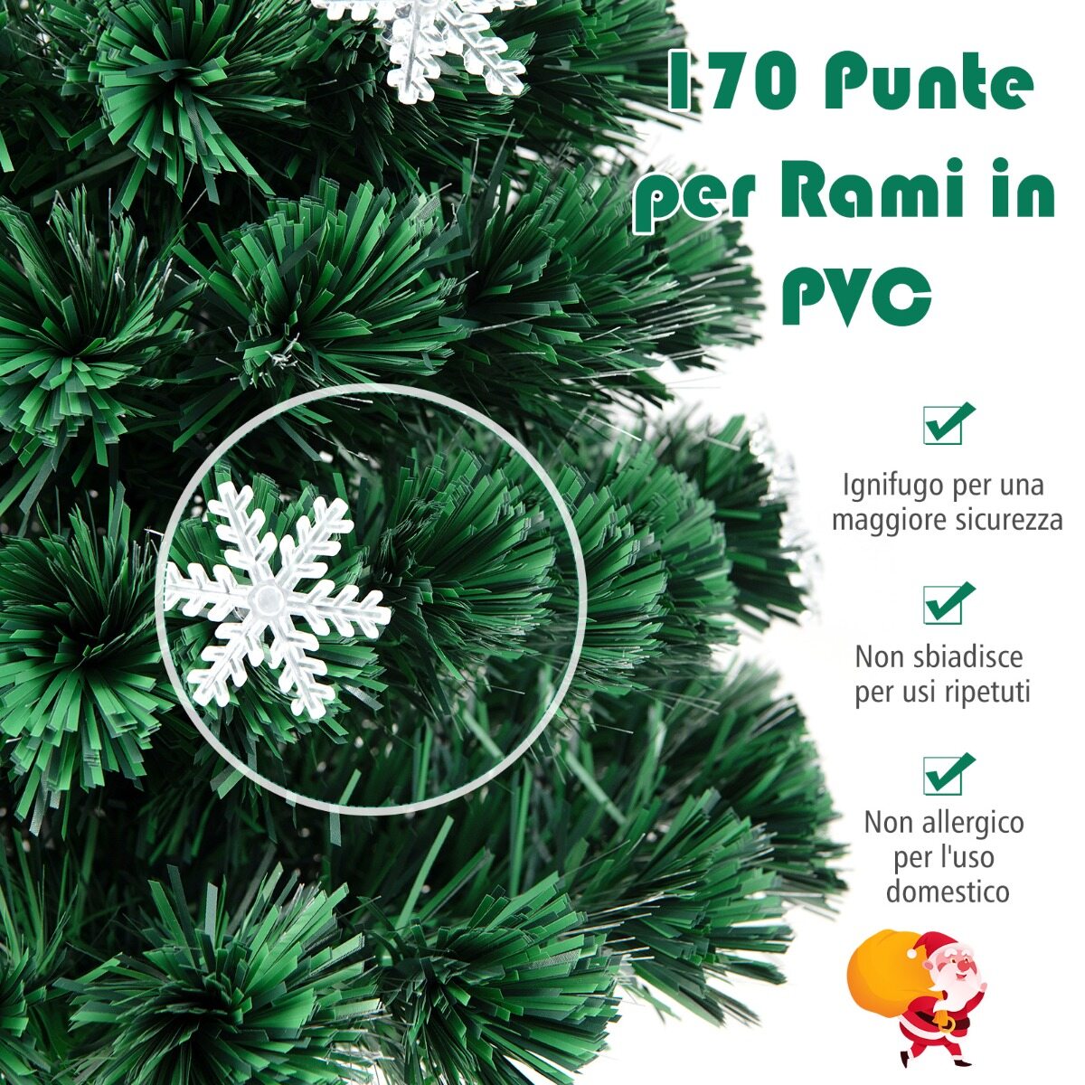 150 cm fiiberoptiline jõulupuu, pidulik kaunistuspuu PVC okste, LED-tulede ja lumehelvestega