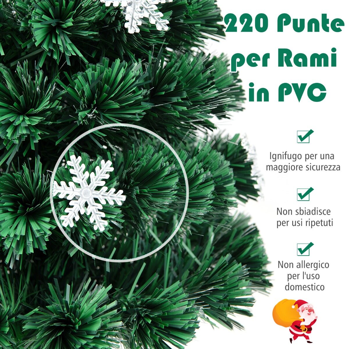 180 cm fiiberoptiline jõulupuu, pidulik kaunistuspuu PVC okste, LED-tulede ja lumehelvestega
