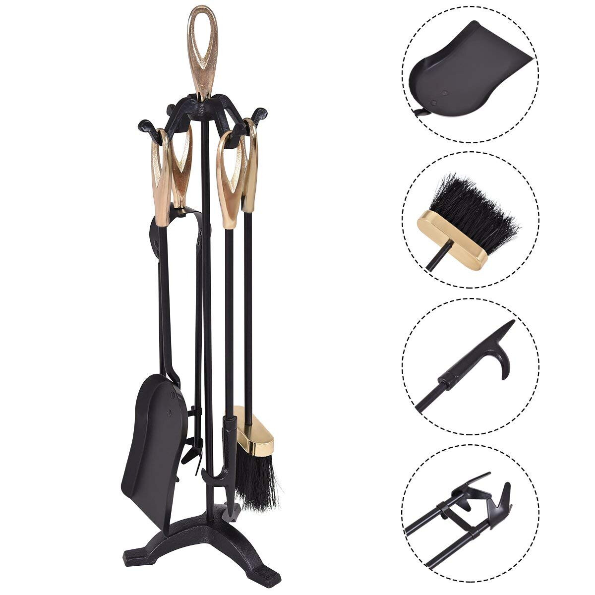 5 Pieces Stylish Gold Iron Fireplace Tools Set