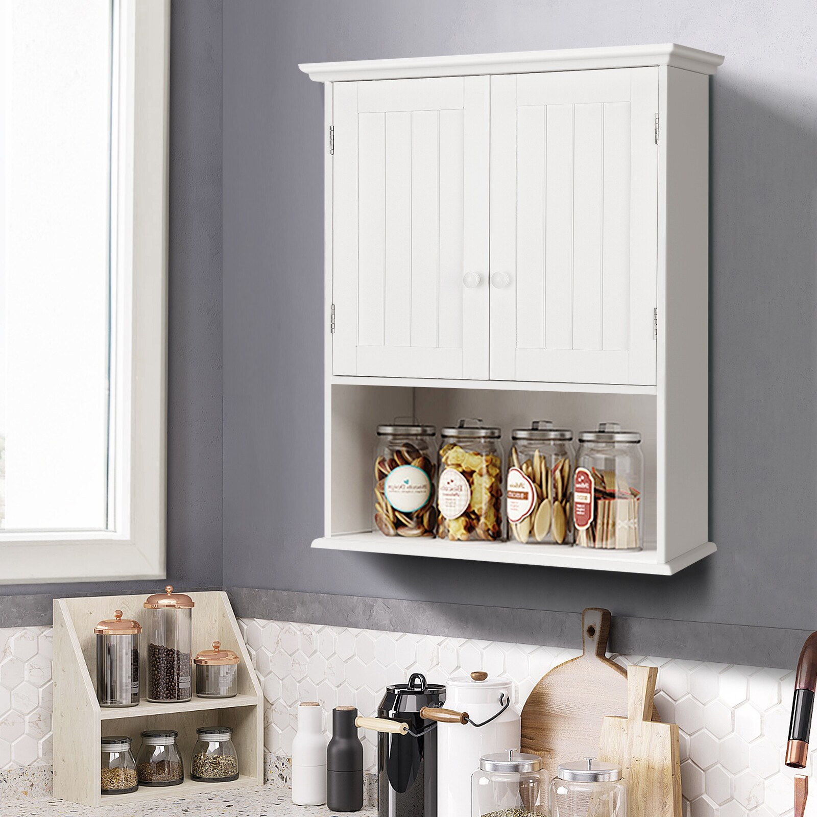 2-Door Wall Mount Bathroom Storage Cabinet with Open Shelf-White 2-Door Wall Mount Bathroom Storage Cabinet with Open Shelf-White