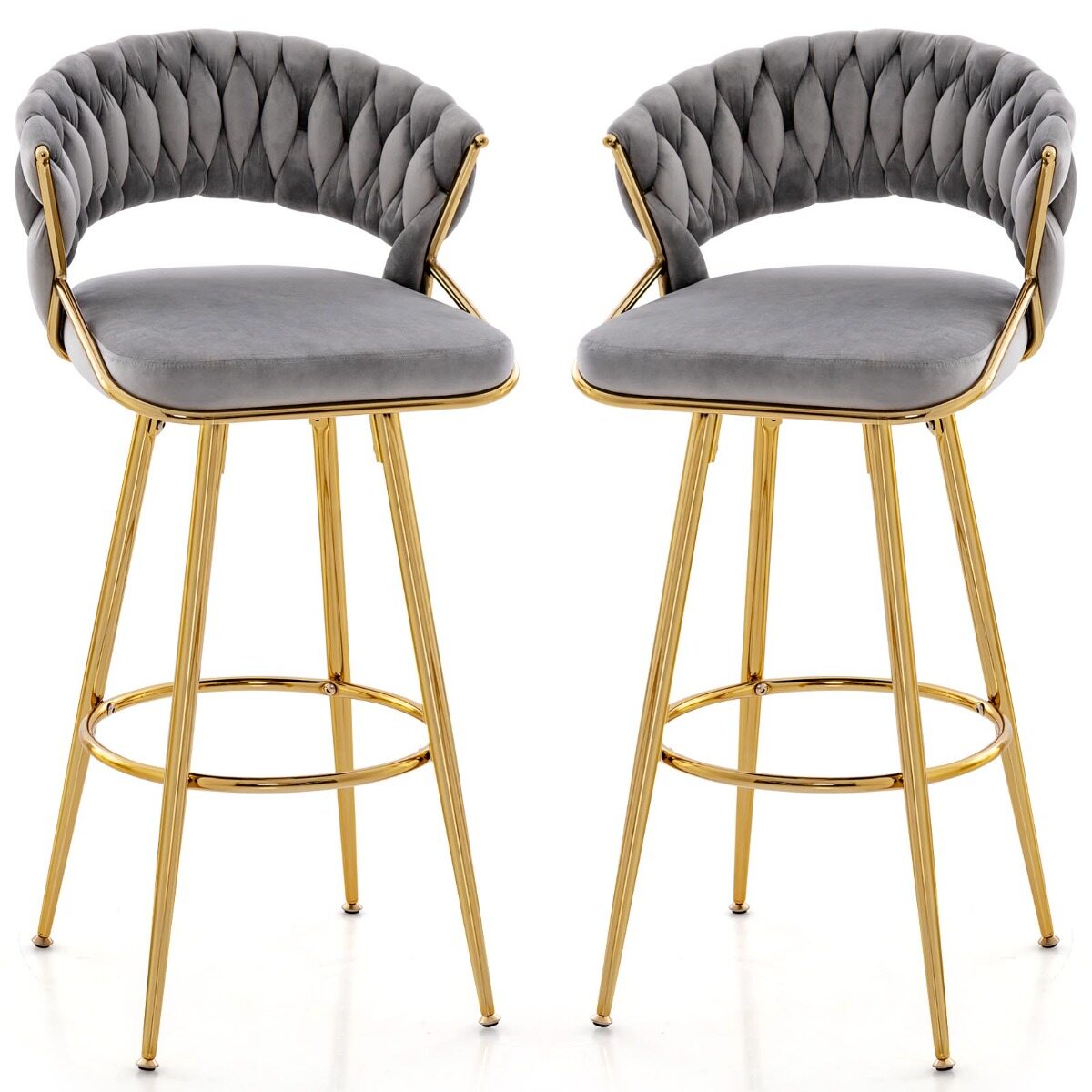 74 cm sametist baaritoolide komplekt (2 tk), kootud seljatoe ja kuldsete metalljalgadega – hall