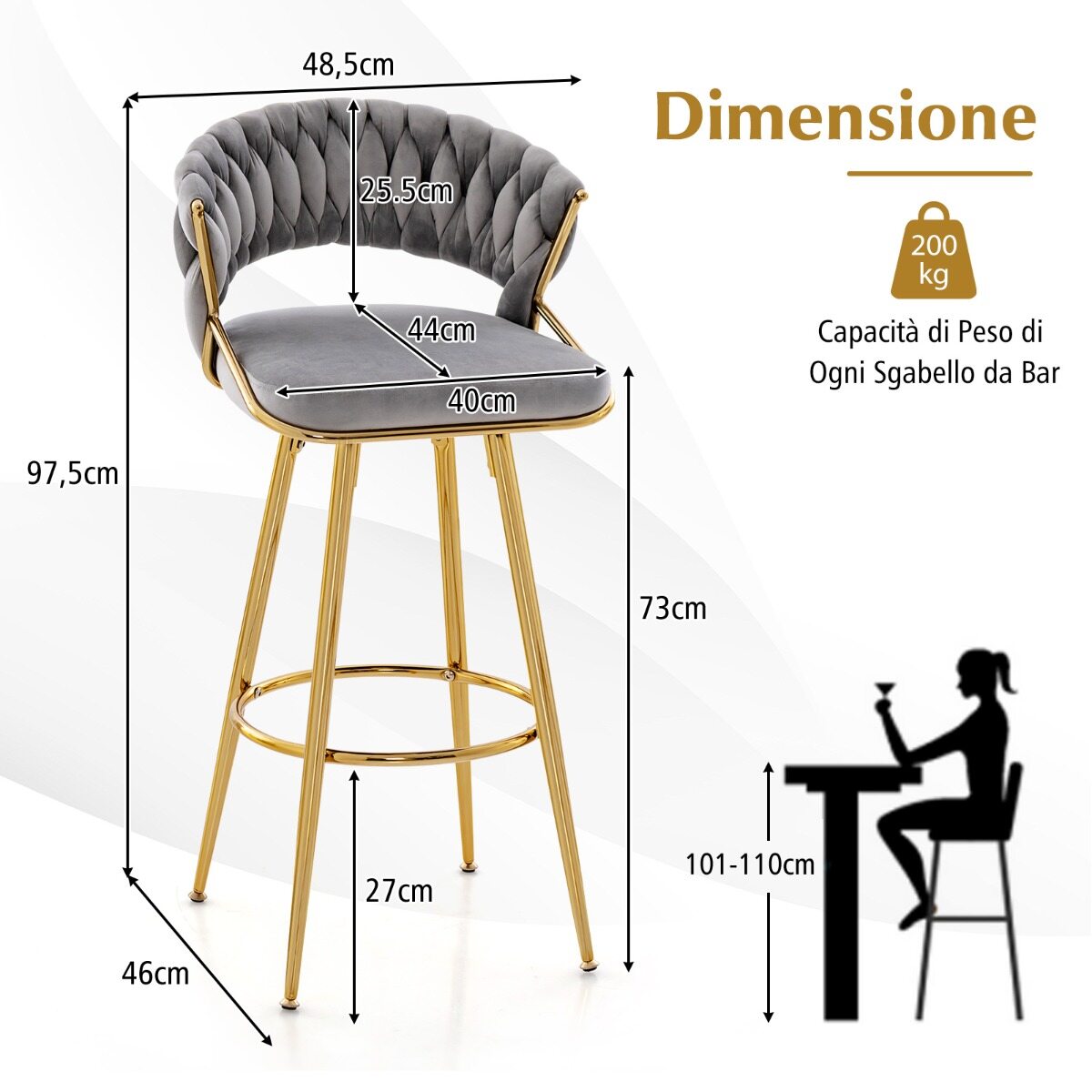 74 cm sametist baaritoolide komplekt (2 tk), kootud seljatoe ja kuldsete metalljalgadega – hall