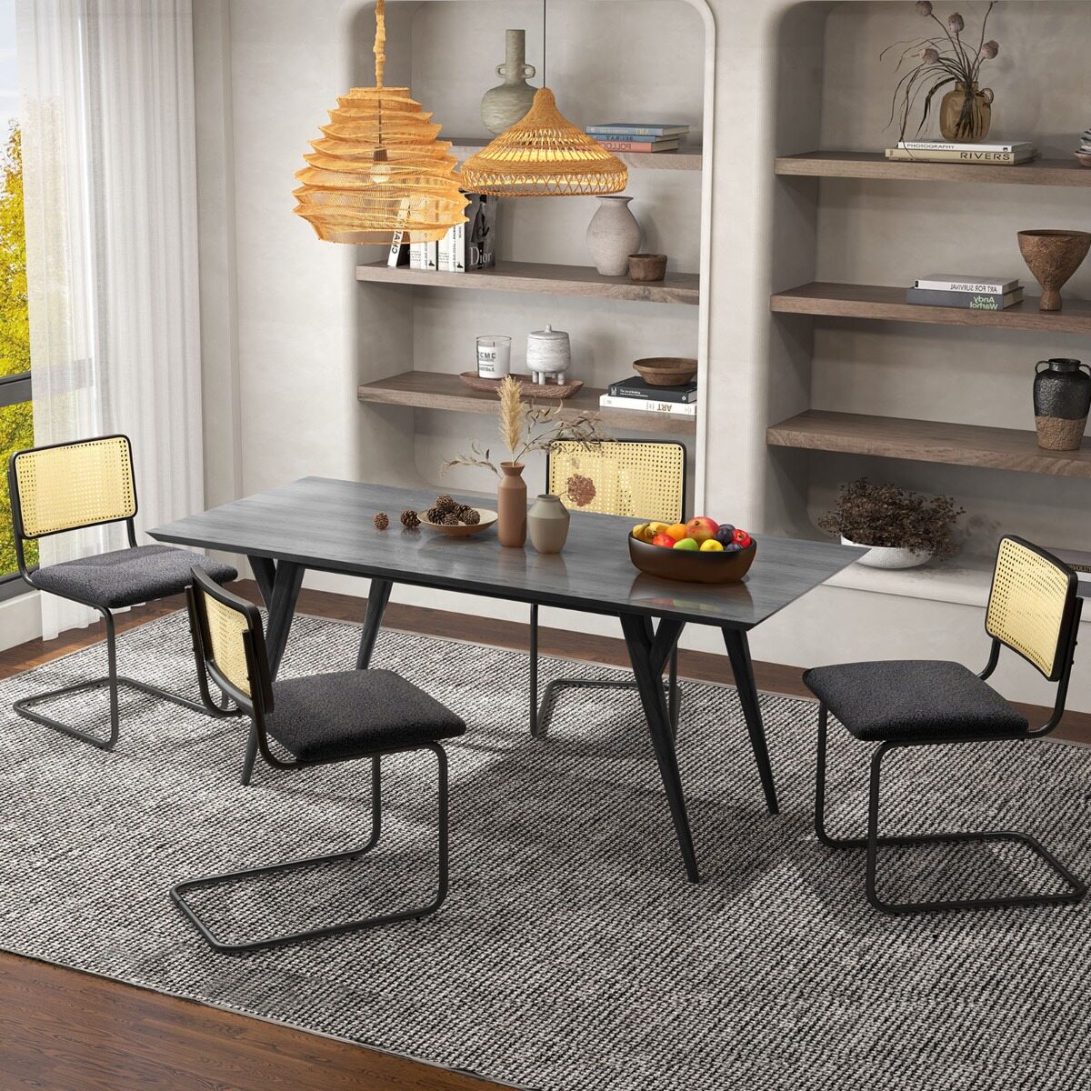 2 Pieces Mid-Century Modern Dining Chair with Cantilever Design-Black