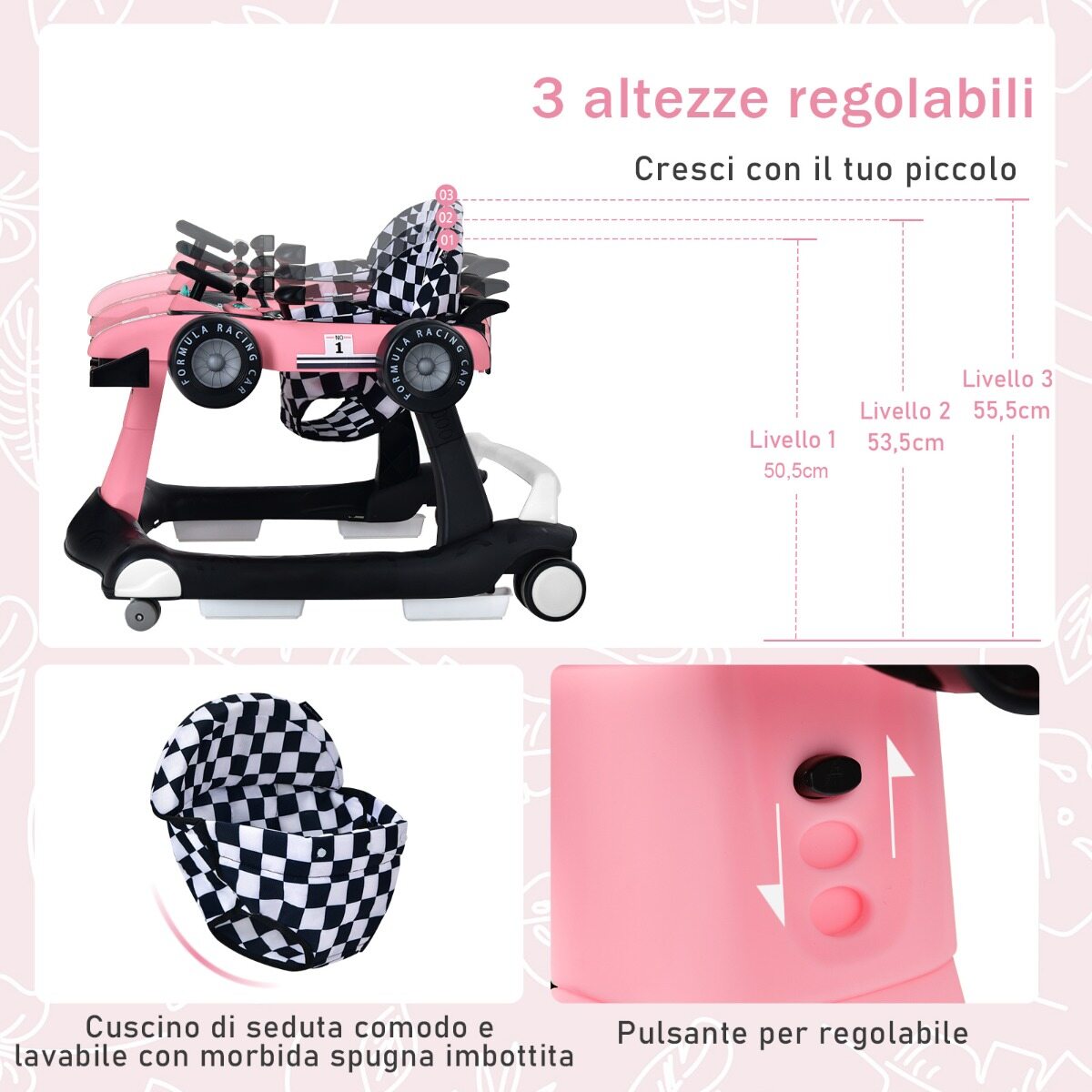 4 in 1 baby walker, foldable baby walker, 73 x 64 x 50.5/53.5/55.5 cm, pink 4 in 1 baby walker, foldable baby walker, 73 x 64 x 50.5/53.5/55.5 cm, pink