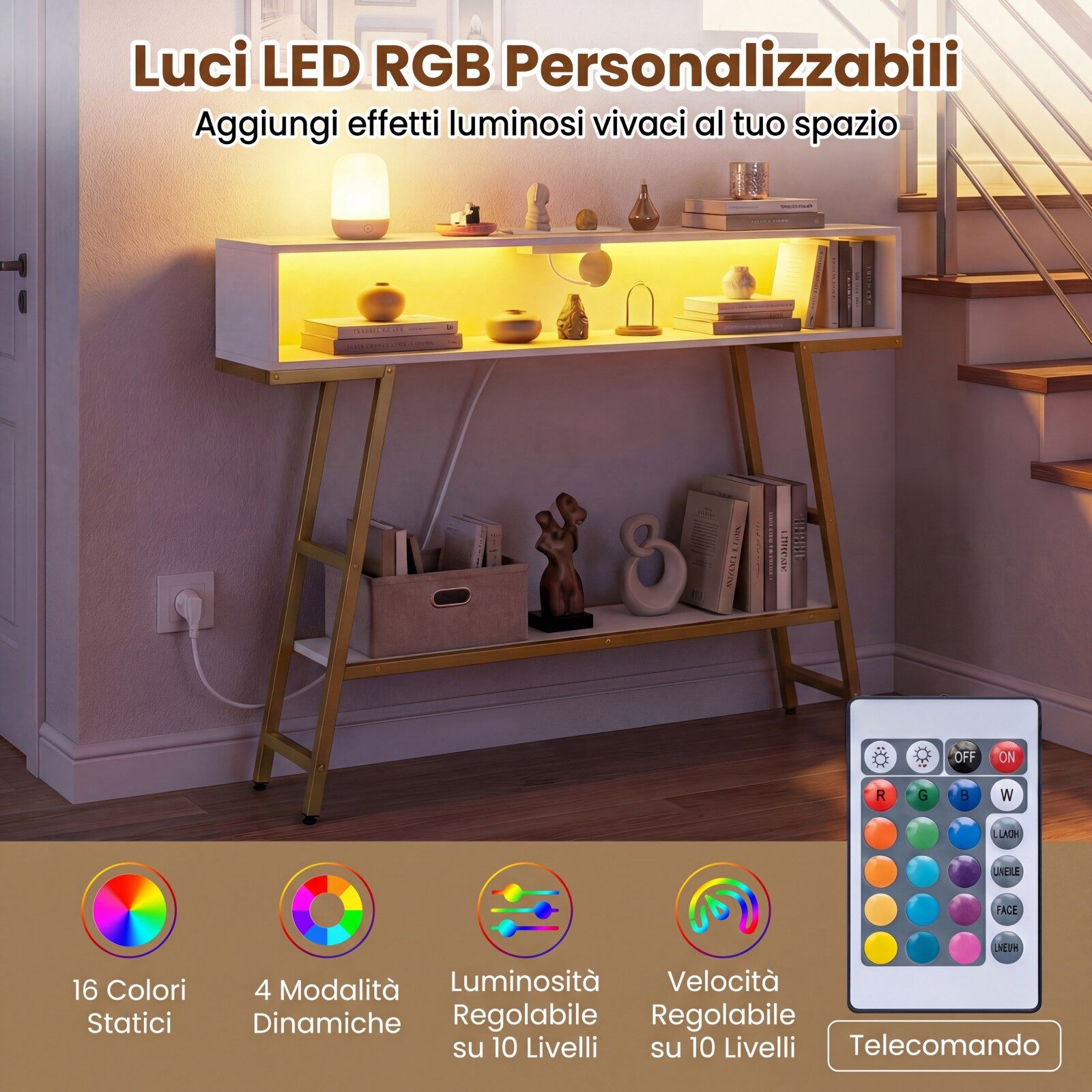 Konsoollaud LED-valgusti ja 3-korruselise laadimisjaamaga, panipaigaga, esikusse, elutuppa, esikulaud, 100x20x86,5cm, valge