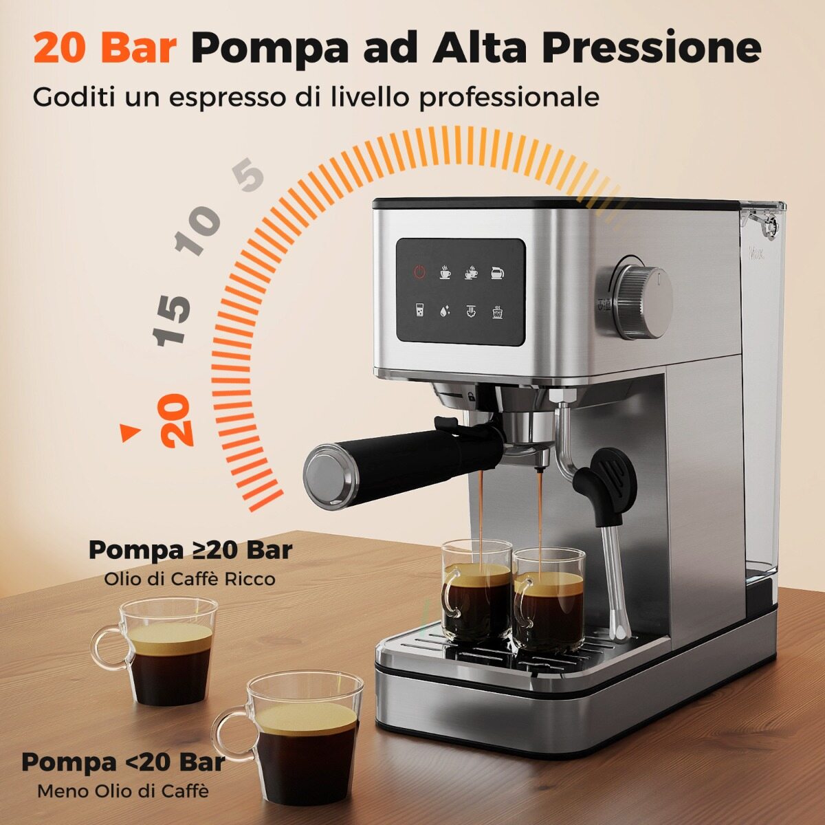 20 baari kohvimasin puutetundliku ekraaniga piimavahustajaga ja 1 roostevabast terasest espressomasinaga, hõbedane