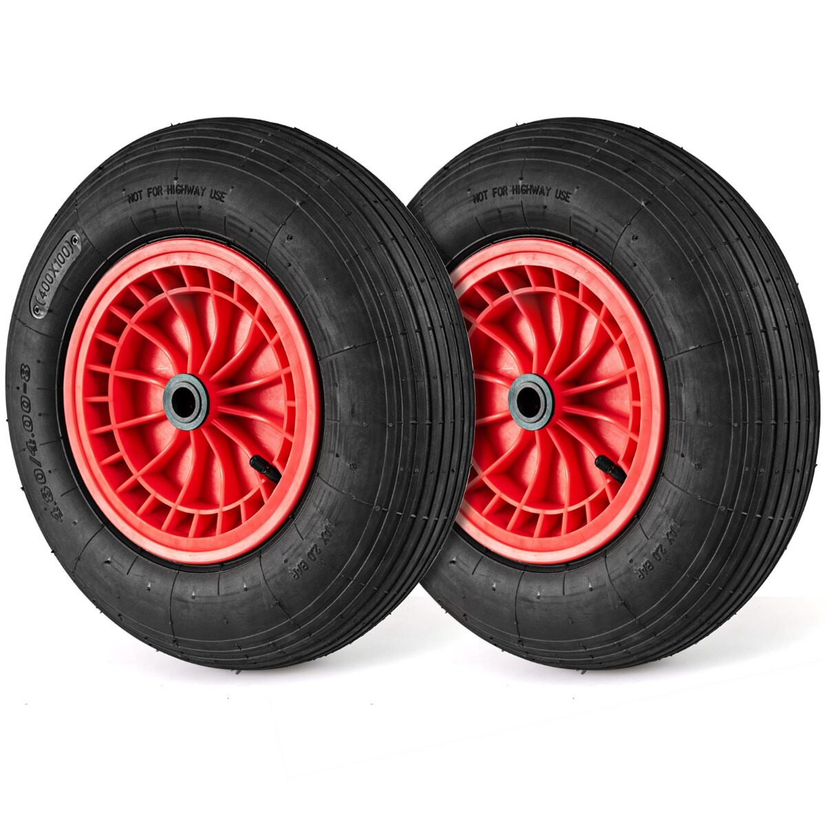 Komplekt 2 40 cm kummist ratast 2 cm laagrite ja 8,8 cm tsentreeritud rummudega, Komplekt 2 ratast ja rehvid käsikärule