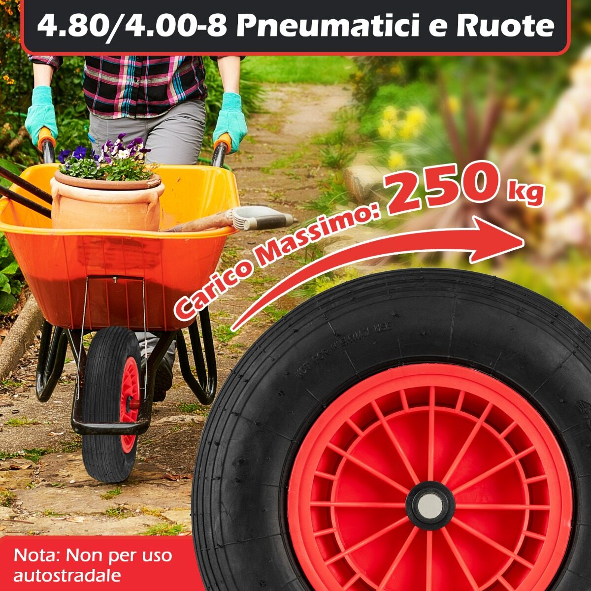 Komplekt 2 40 cm kummist ratast 2 cm laagrite ja 8,8 cm tsentreeritud rummudega, Komplekt 2 ratast ja rehvid käsikärule