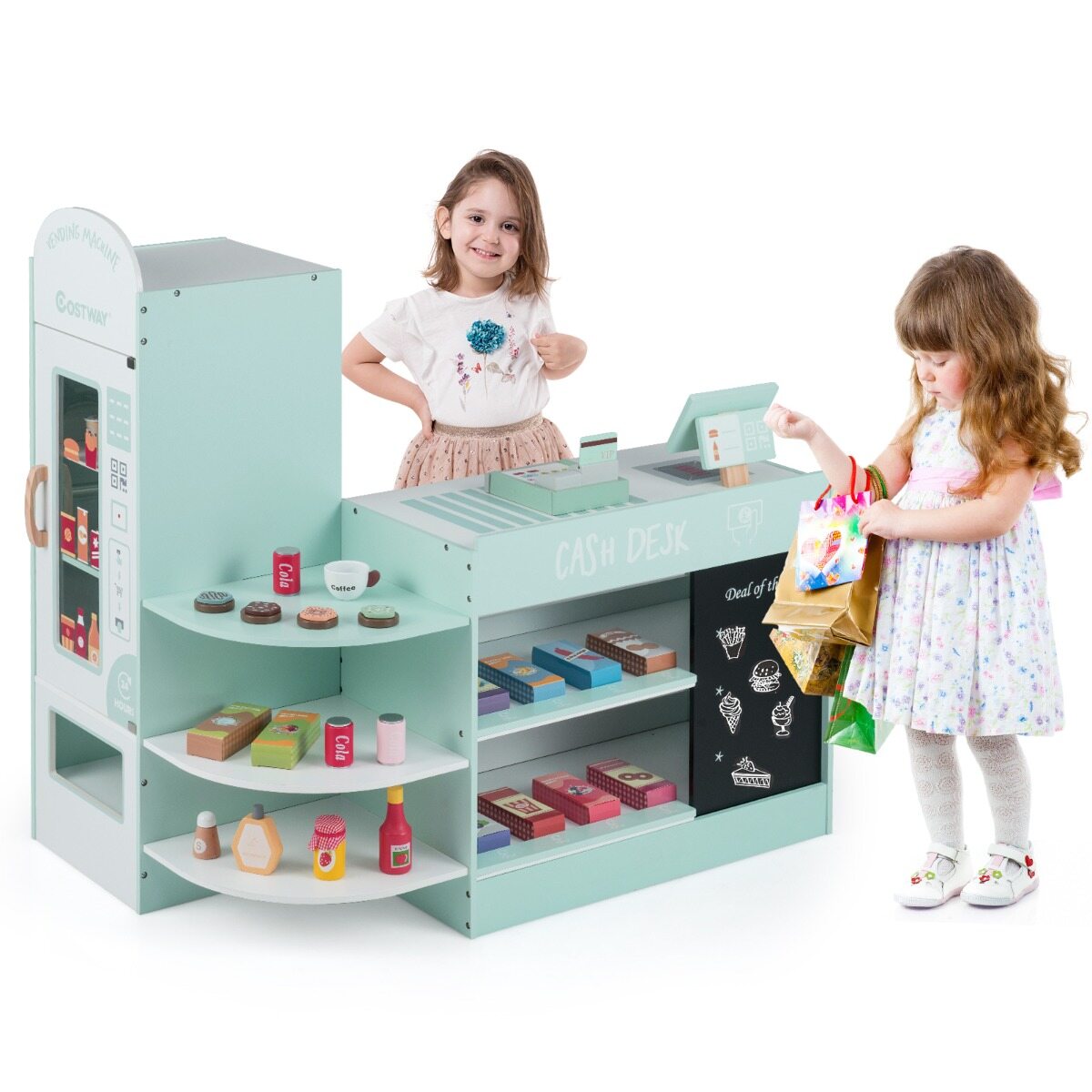 Laste toidupood kassaaparaadi, müügiautomaadi ja rohelise supermarketi mänguasjade komplektiga