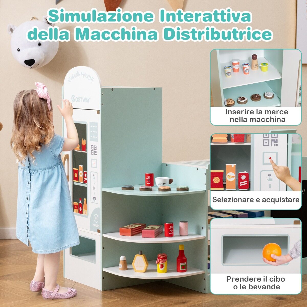 Laste toidupood kassaaparaadi, müügiautomaadi ja rohelise supermarketi mänguasjade komplektiga