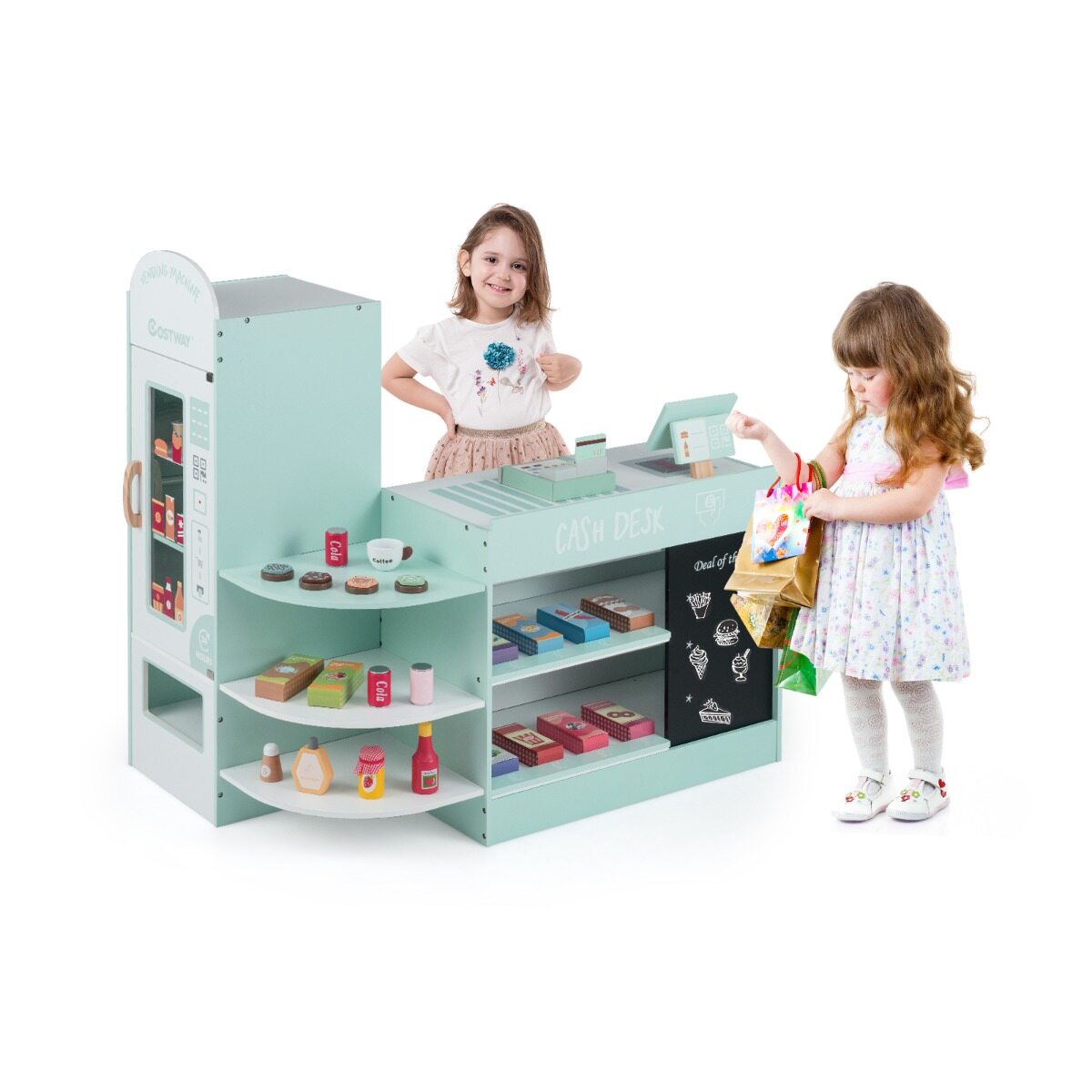Laste toidupood kassaaparaadi, müügiautomaadi ja rohelise supermarketi mänguasjade komplektiga