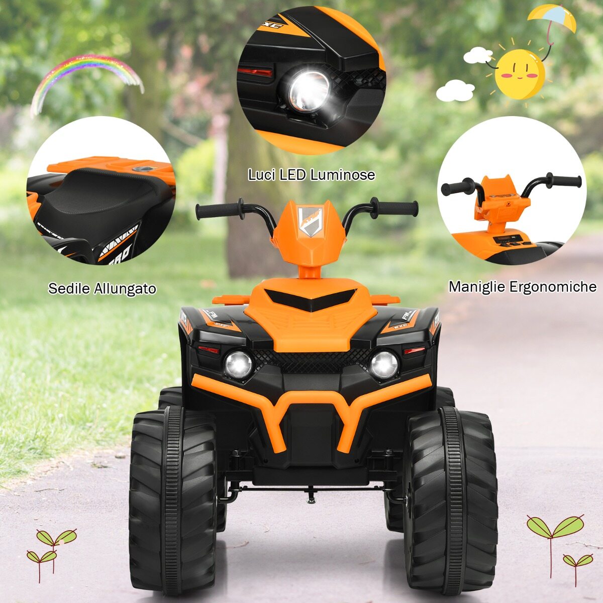 12 V elektriline ATV lastele muusika ja LED-tuledega, akutoitel ATV mugava istmega 104x67x74cm oranž