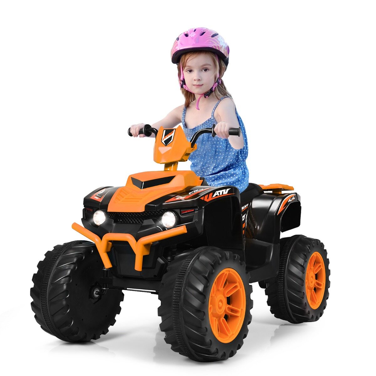 12 V elektriline ATV lastele muusika ja LED-tuledega, akutoitel ATV mugava istmega 104x67x74cm oranž