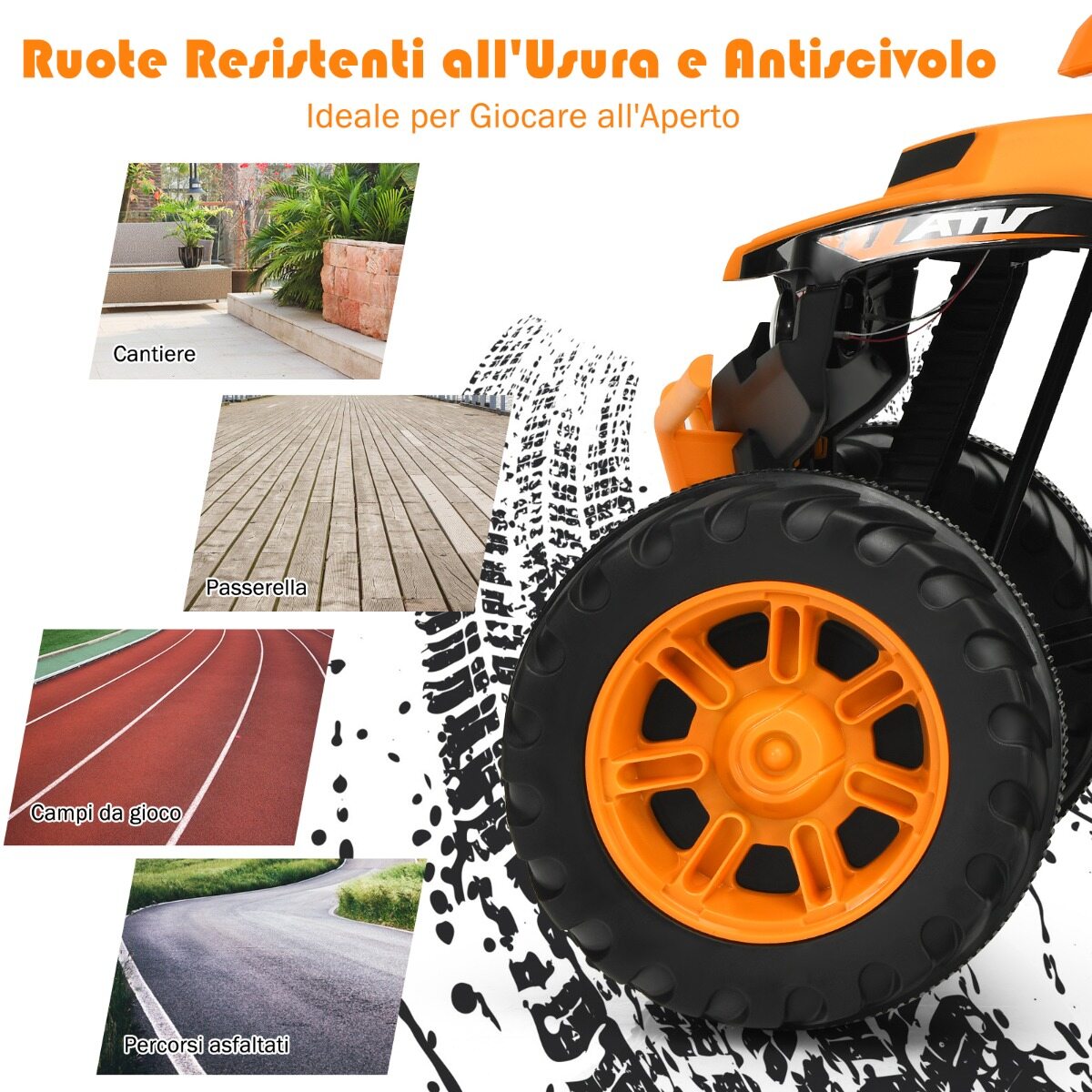 12 V elektriline ATV lastele muusika ja LED-tuledega, akutoitel ATV mugava istmega 104x67x74cm oranž