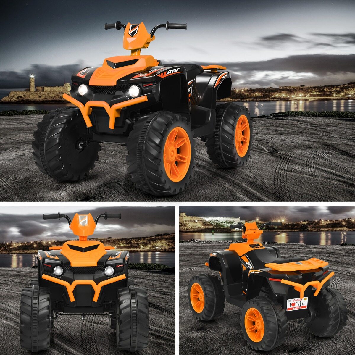 12 V elektriline ATV lastele muusika ja LED-tuledega, akutoitel ATV mugava istmega 104x67x74cm oranž
