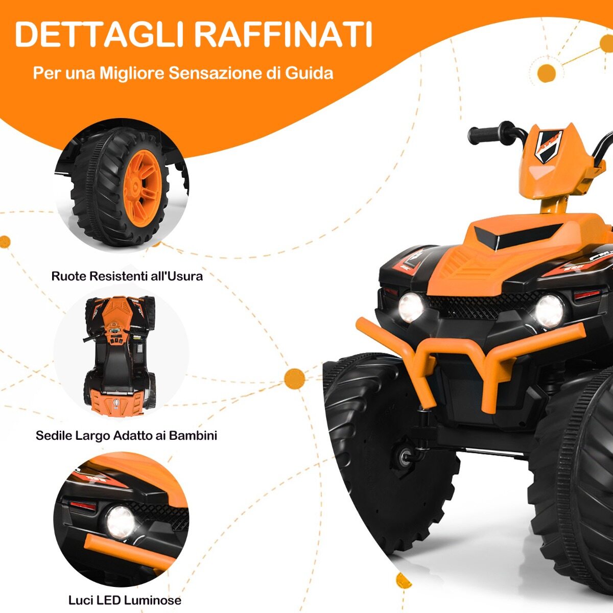 12 V elektriline ATV lastele muusika ja LED-tuledega, akutoitel ATV mugava istmega 104x67x74cm oranž