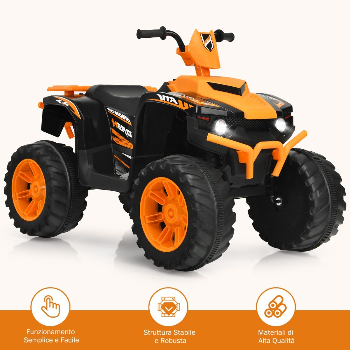 12 V elektriline ATV lastele muusika ja LED-tuledega, akutoitel ATV mugava istmega 104x67x74cm oranž