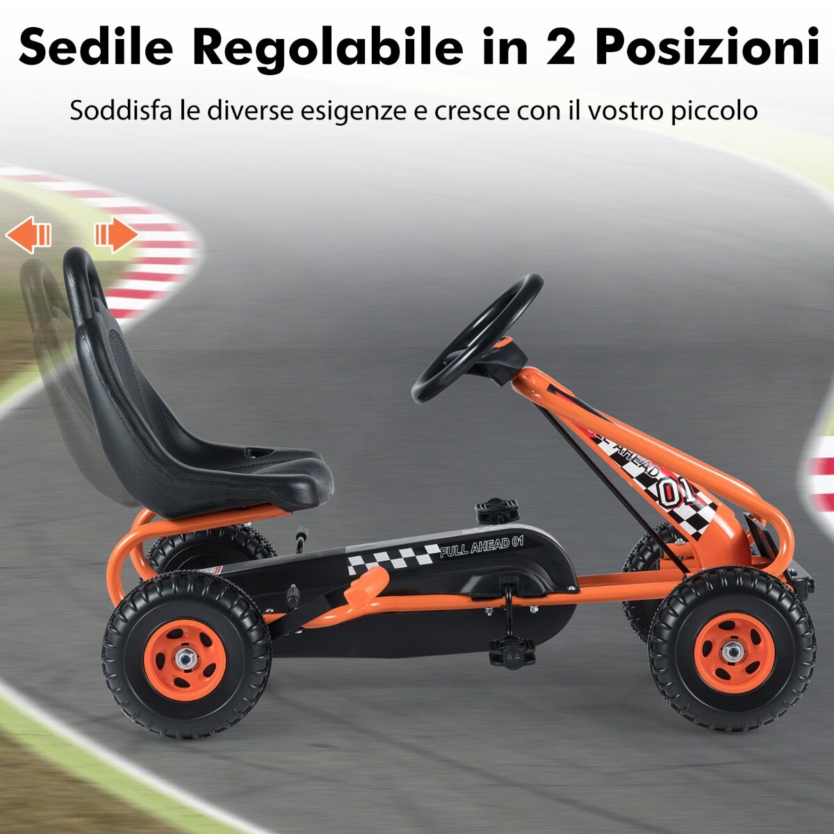 Mängukart reguleeritava istme ja stabiilse käsipiduriga, ohutu ja vastupidava pedaaliga kart lastele, oranž