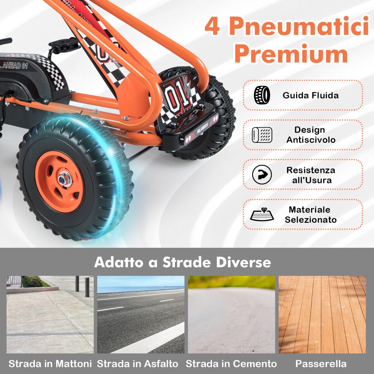 Mängukart reguleeritava istme ja stabiilse käsipiduriga, ohutu ja vastupidava pedaaliga kart lastele, oranž