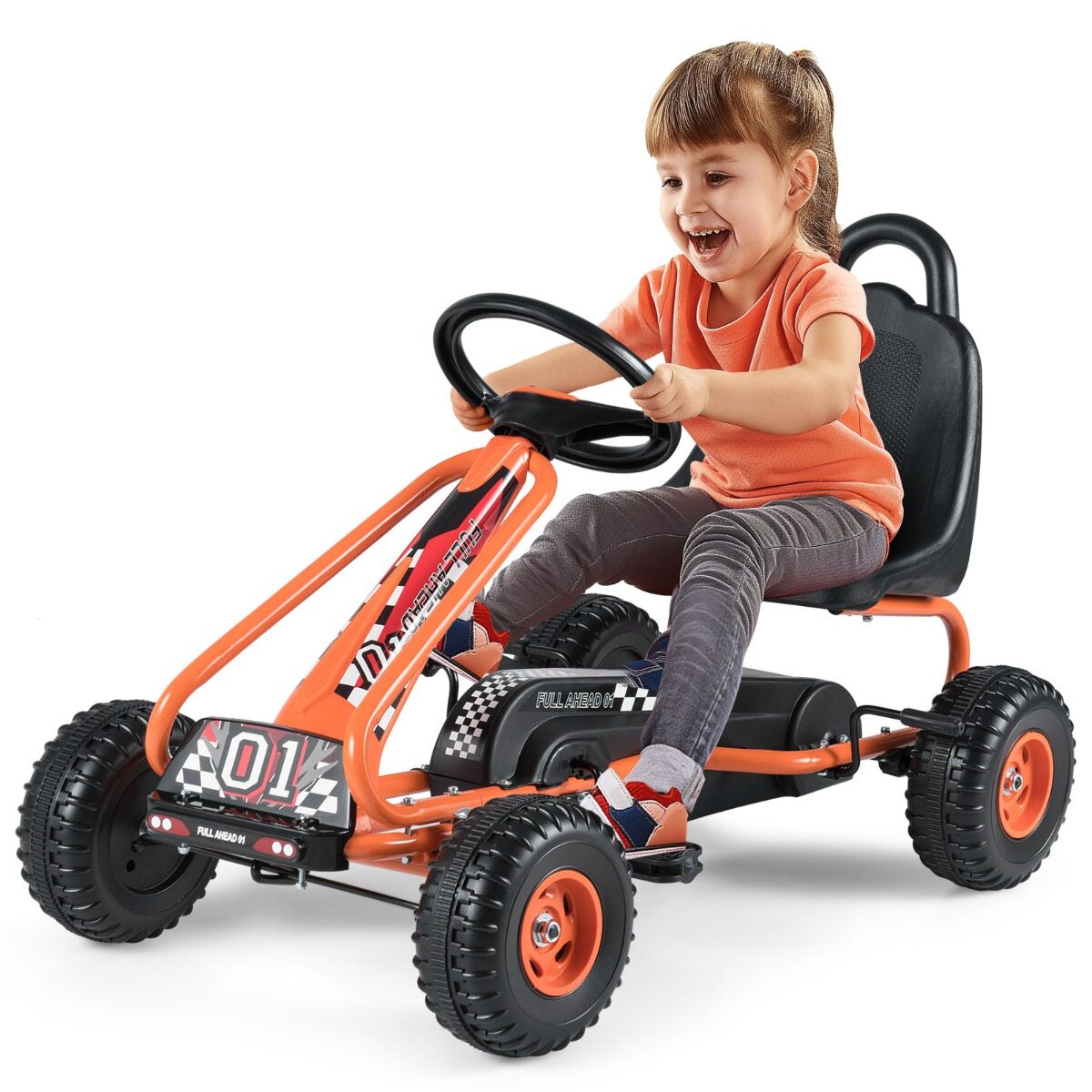 Mängukart reguleeritava istme ja stabiilse käsipiduriga, ohutu ja vastupidava pedaaliga kart lastele, oranž