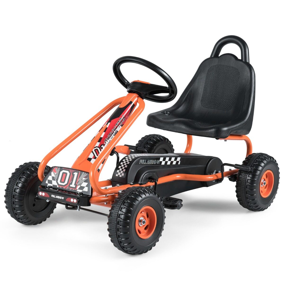 Mängukart reguleeritava istme ja stabiilse käsipiduriga, ohutu ja vastupidava pedaaliga kart lastele, oranž