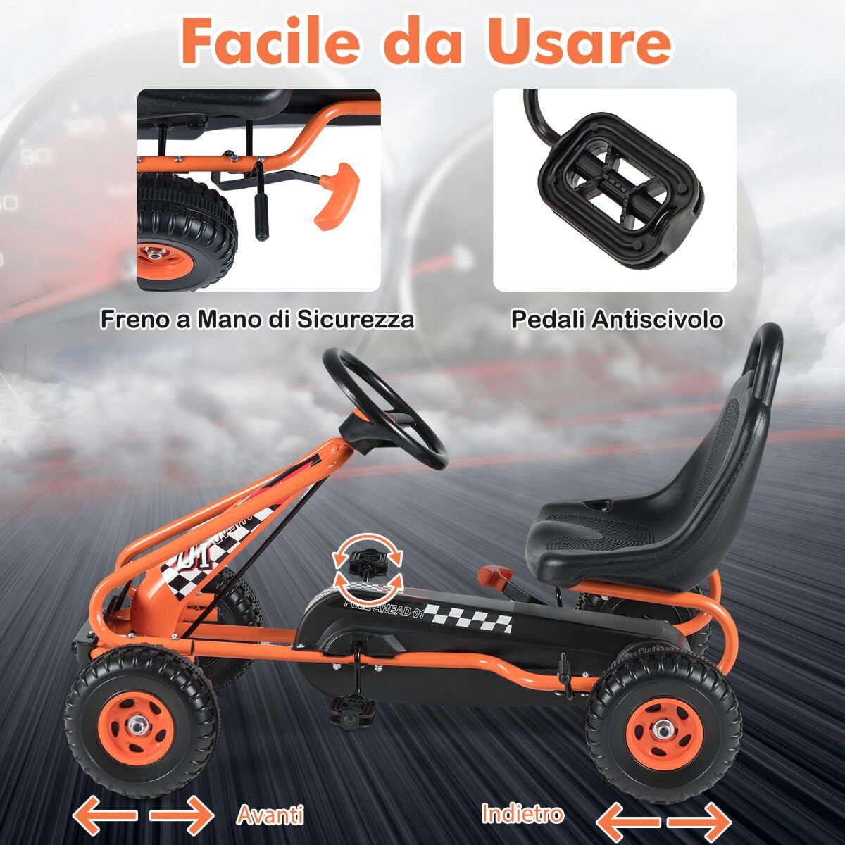 Mängukart reguleeritava istme ja stabiilse käsipiduriga, ohutu ja vastupidava pedaaliga kart lastele, oranž