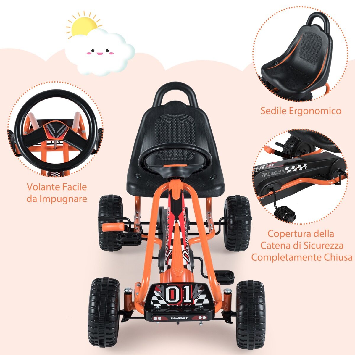 Mängukart reguleeritava istme ja stabiilse käsipiduriga, ohutu ja vastupidava pedaaliga kart lastele, oranž