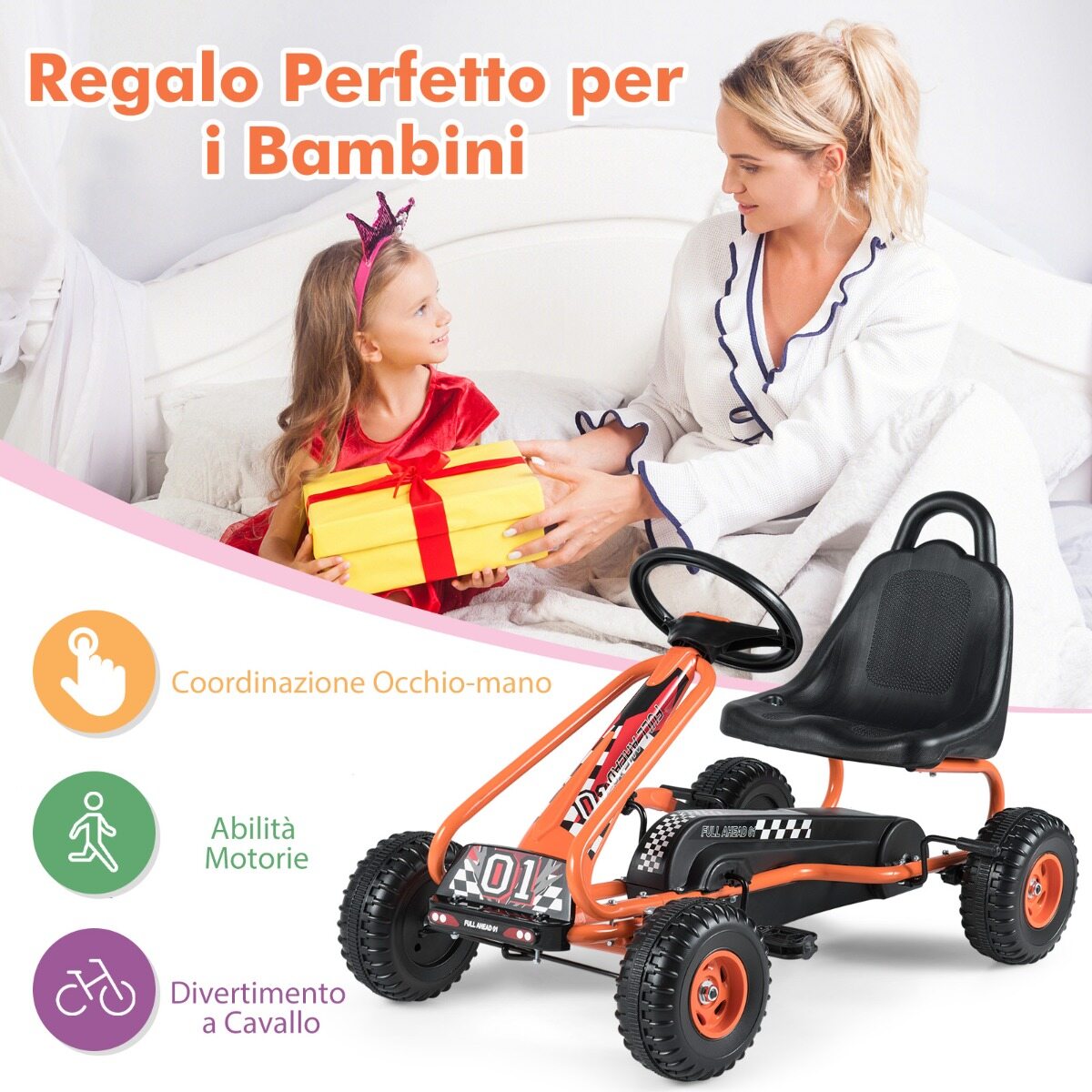 Mängukart reguleeritava istme ja stabiilse käsipiduriga, ohutu ja vastupidava pedaaliga kart lastele, oranž