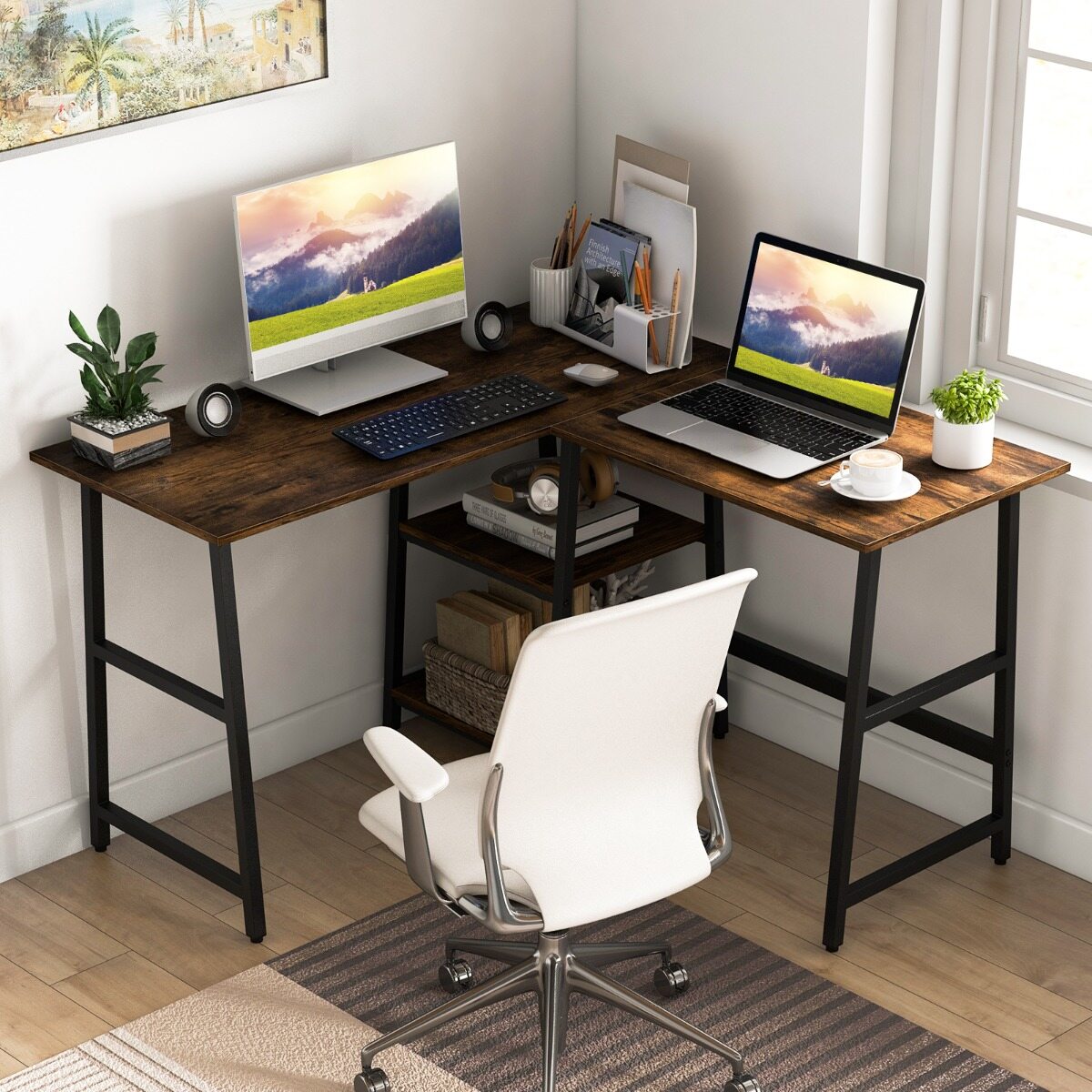 L-kujuline nurgalaud pistikupesade ja USB-portidega 120 x 120 x 75 cm maalähedane pruun