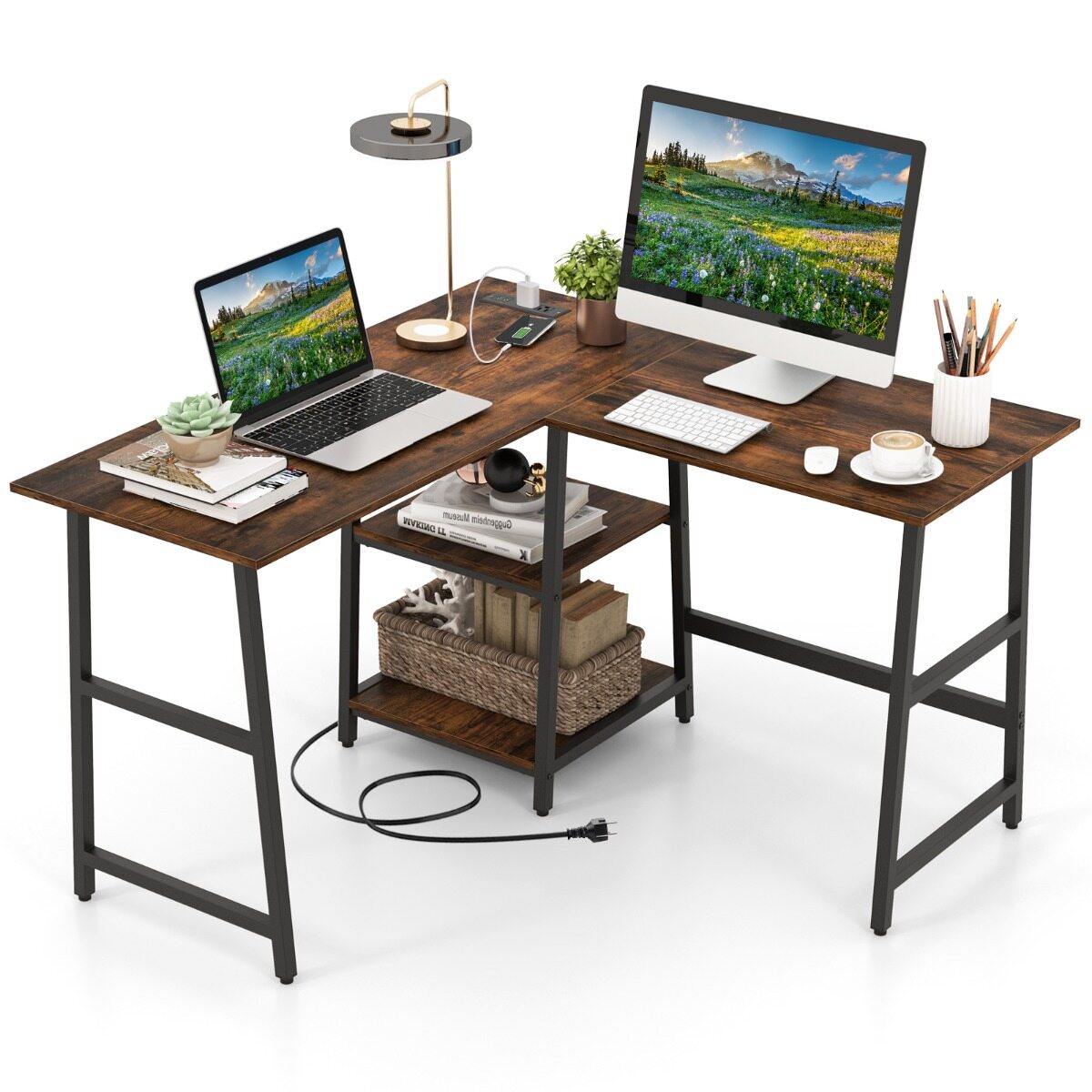 L-kujuline nurgalaud pistikupesade ja USB-portidega 120 x 120 x 75 cm maalähedane pruun
