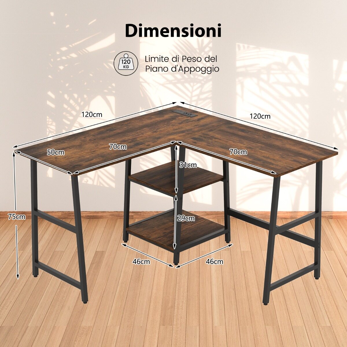 L-kujuline nurgalaud pistikupesade ja USB-portidega 120 x 120 x 75 cm maalähedane pruun