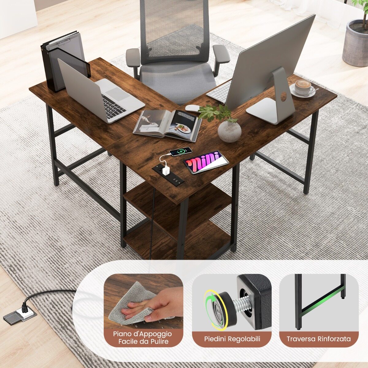 L-kujuline nurgalaud pistikupesade ja USB-portidega 120 x 120 x 75 cm maalähedane pruun