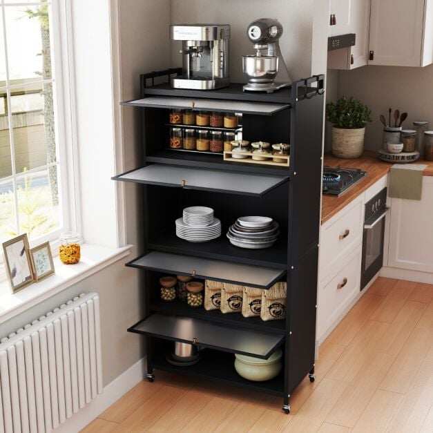 1.6 m Tall Freestanding Metal Pantry with 4 Flip-up Doors and 5-Tier-Black