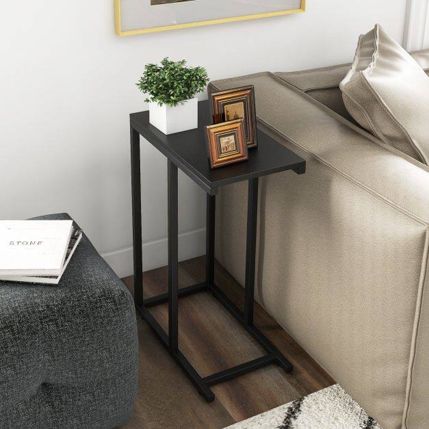 'C' Shaped Side Table for Sofa and Bed Sofa Side Table 64cm Metal Frame TV Tray Table Rustic Oak Black